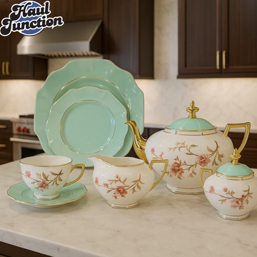 LUXURY MINT GREEN TEA SET – 24 PCS PORCELAIN CUP, SAUCER & SERVING SET WITH GOLD ACCENTS