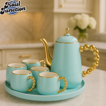 LUXURY TEA SET WITH GOLD ACCENTS  6 PIECE ELEGANT SERVING SET FOR VILLA KITCHEN DECOR - TURQUOISE