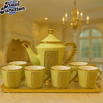 ROYAL WHITE & GOLD TEA SET – 7 PIECE LUXURY CERAMIC SET WITH TRAY FOR VILLA KITCHEN DISPLAY - PISTACHIO GREEN & GOLDEN