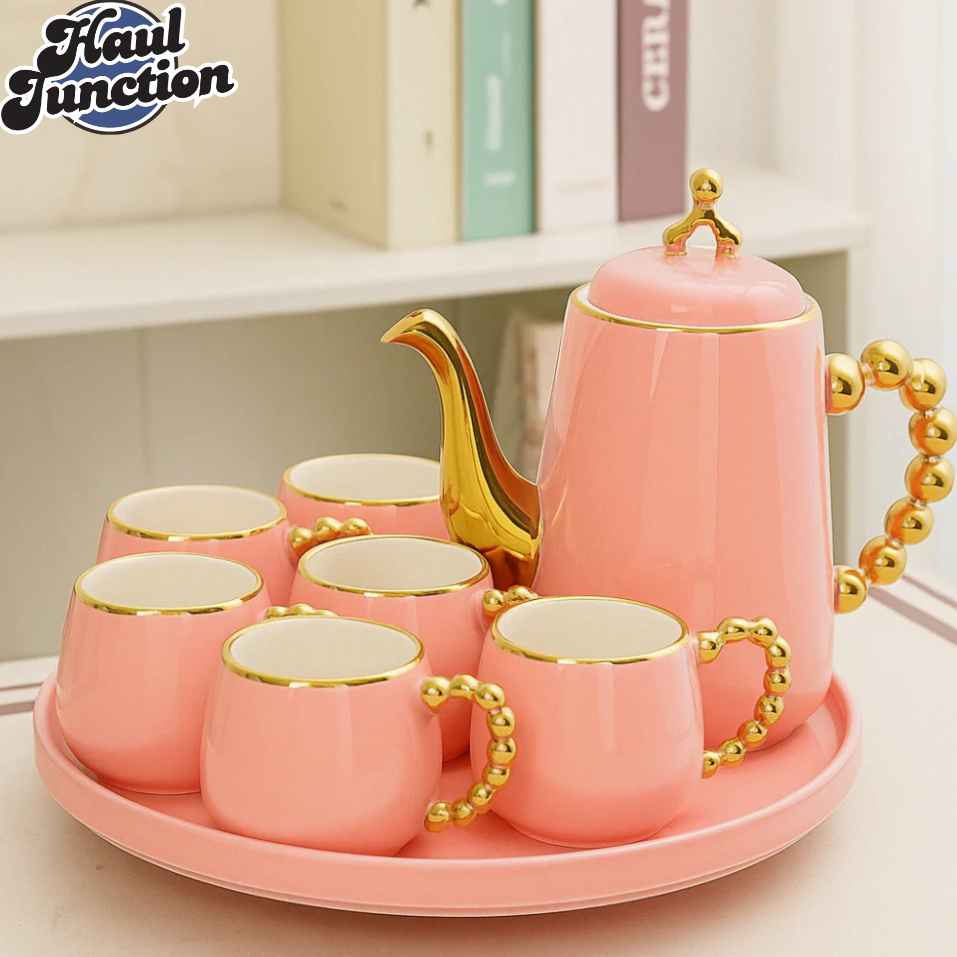 LUXURY TEA SET WITH GOLD ACCENTS  6 PIECE ELEGANT SERVING SET FOR VILLA KITCHEN DECOR - PINK