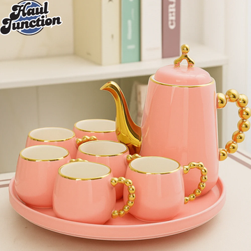 LUXURY TEA SET WITH GOLD ACCENTS  6 PIECE ELEGANT SERVING SET FOR VILLA KITCHEN DECOR - PINK