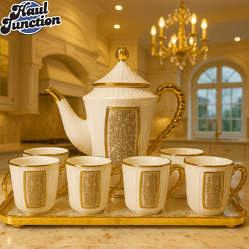 ROYAL WHITE & GOLD TEA SET – 7 PIECE LUXURY CERAMIC SET WITH TRAY FOR VILLA KITCHEN DISPLAY - WHITE & GOLD