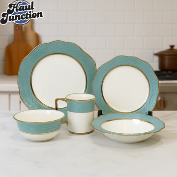 Elegant Floral Embossed 30-Piece Dinner Set with Turquoise Rim