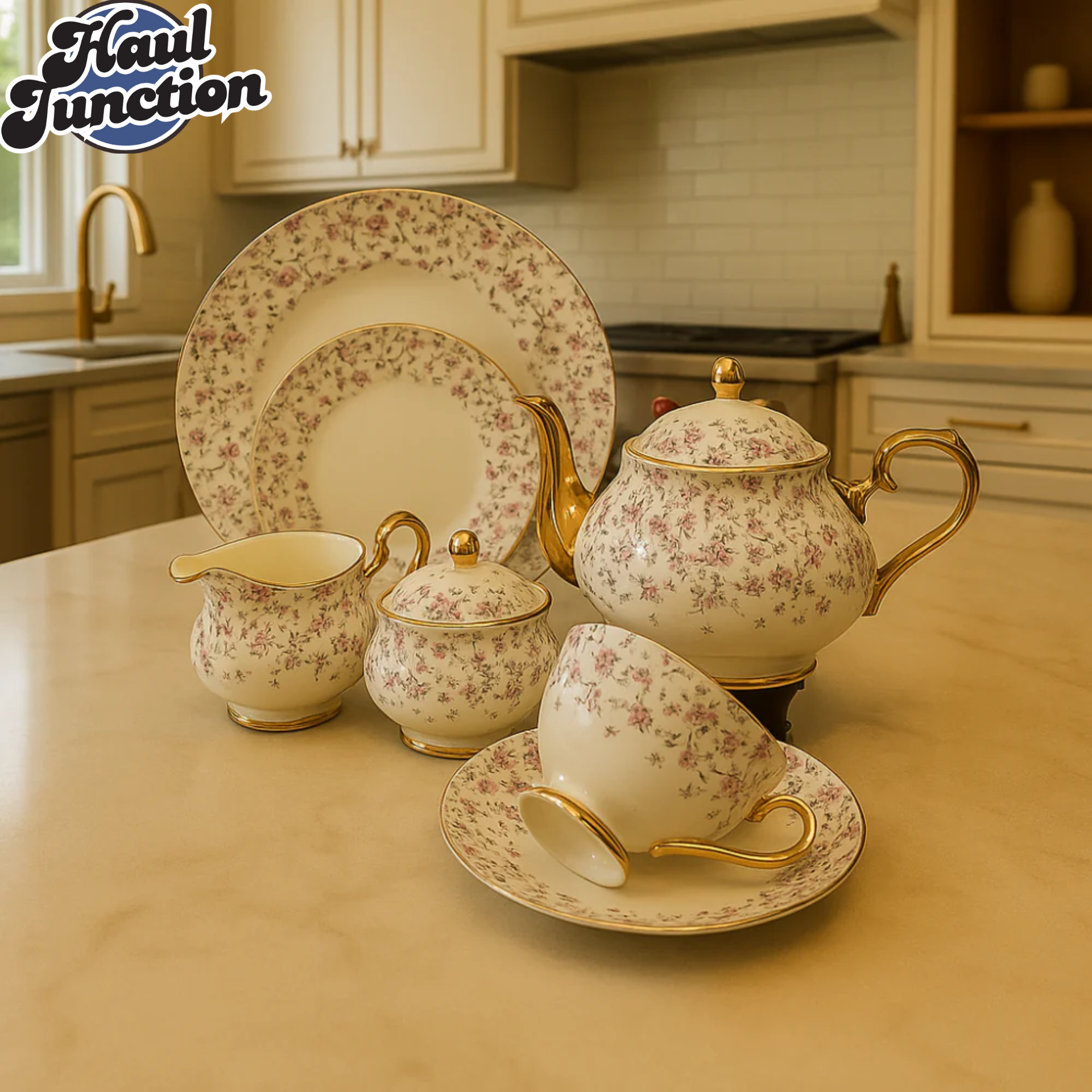 ROYAL ALBERT 24PIECE TEASET VINTAGE FLORAL DESIGN WITH GOLD TRIM - BLUSH PETAL FLORAL