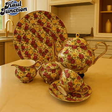 ROYAL ALBERT 24PIECE TEASET VINTAGE FLORAL DESIGN WITH GOLD TRIM - ROYAL ROSE