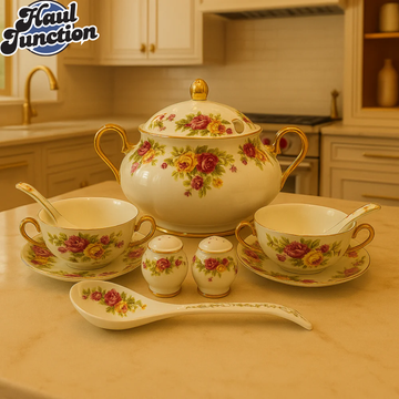 ROYAL ALBERT CERAMIC SOUP SET 23PIECE LUXURY VINTAGE DESIGN WITH GOLD HANDLES - VINTAGE ROSE FLORAL