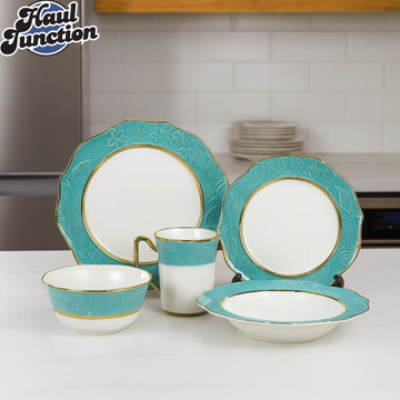 Elegant Floral Embossed 30-Piece Dinner Set with Teal Rim