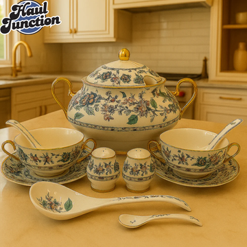 ROYAL ALBERT CERAMIC SOUP SET 23PIECE LUXURY VINTAGE DESIGN WITH GOLD HANDLES - BOTANICAL BLOOM