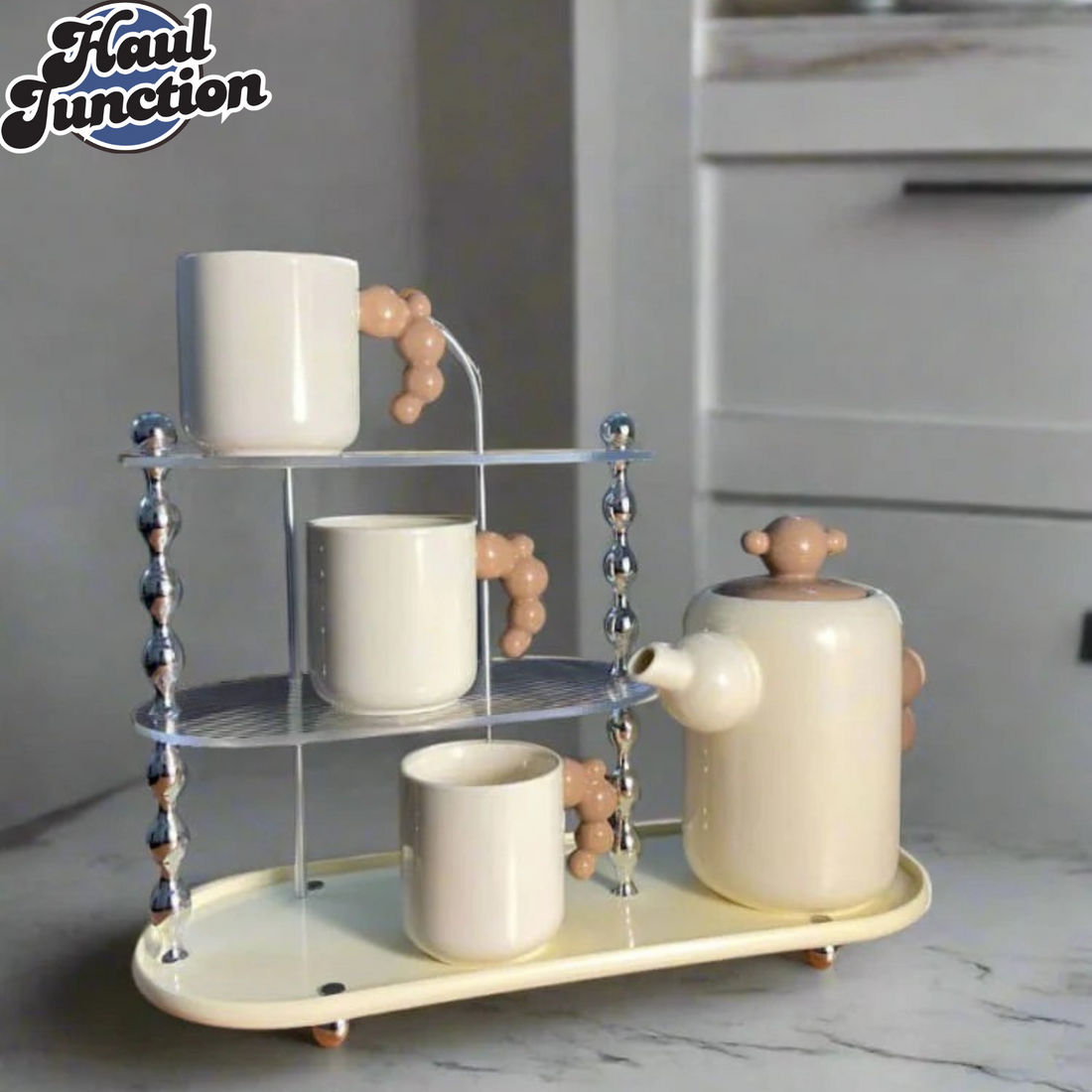 Cream-Style Ceramic Tea Set – Elegant Teapot & Cups with Rack (Beige) | HaulJunction