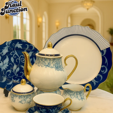24-PIECE ROYAL BLUE & WHITE BONE CHINA TEA SET – GOLD TRIMMED LUXURY DESIGN