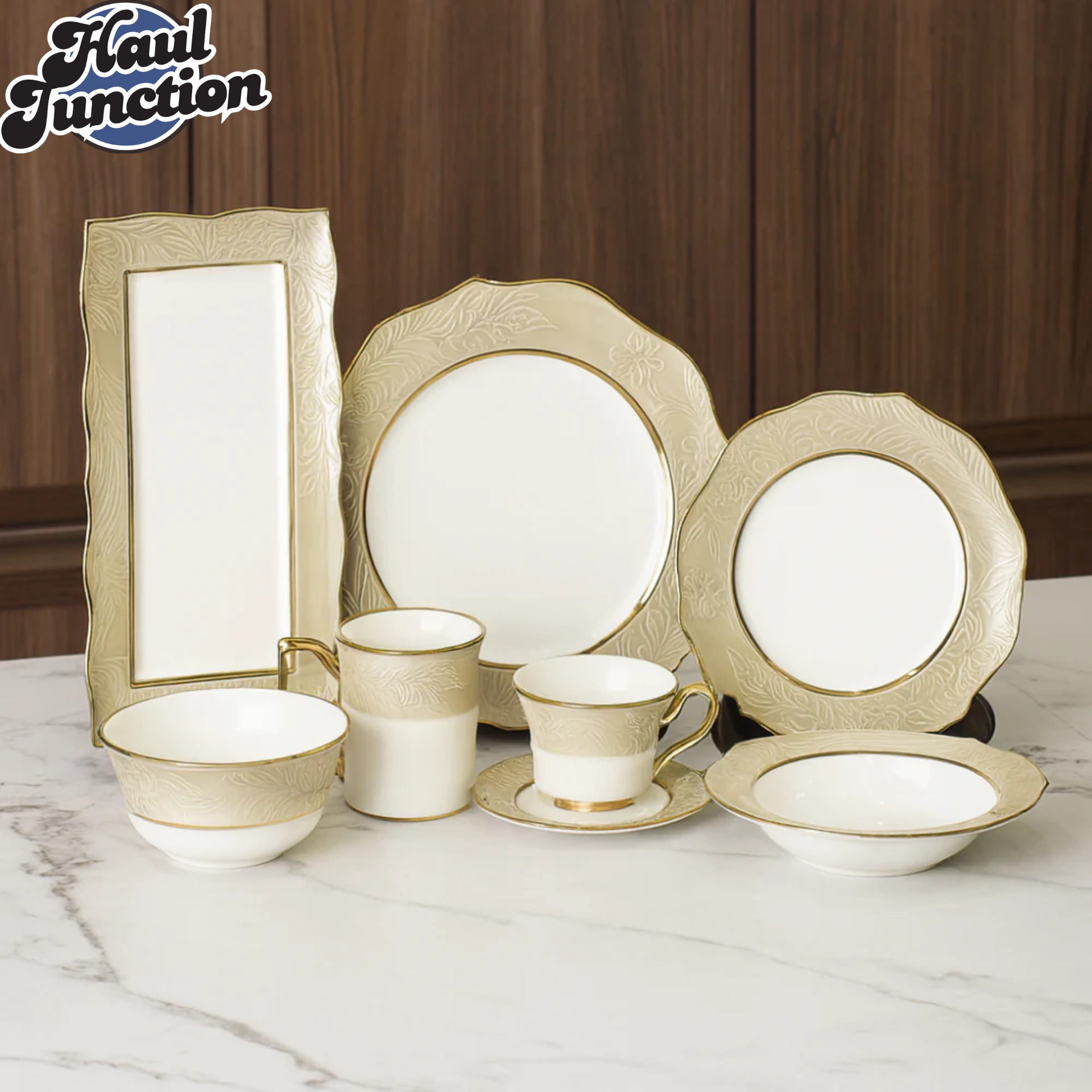Elegant Floral Embossed 44-Piece Dinner Set with Beige Rim