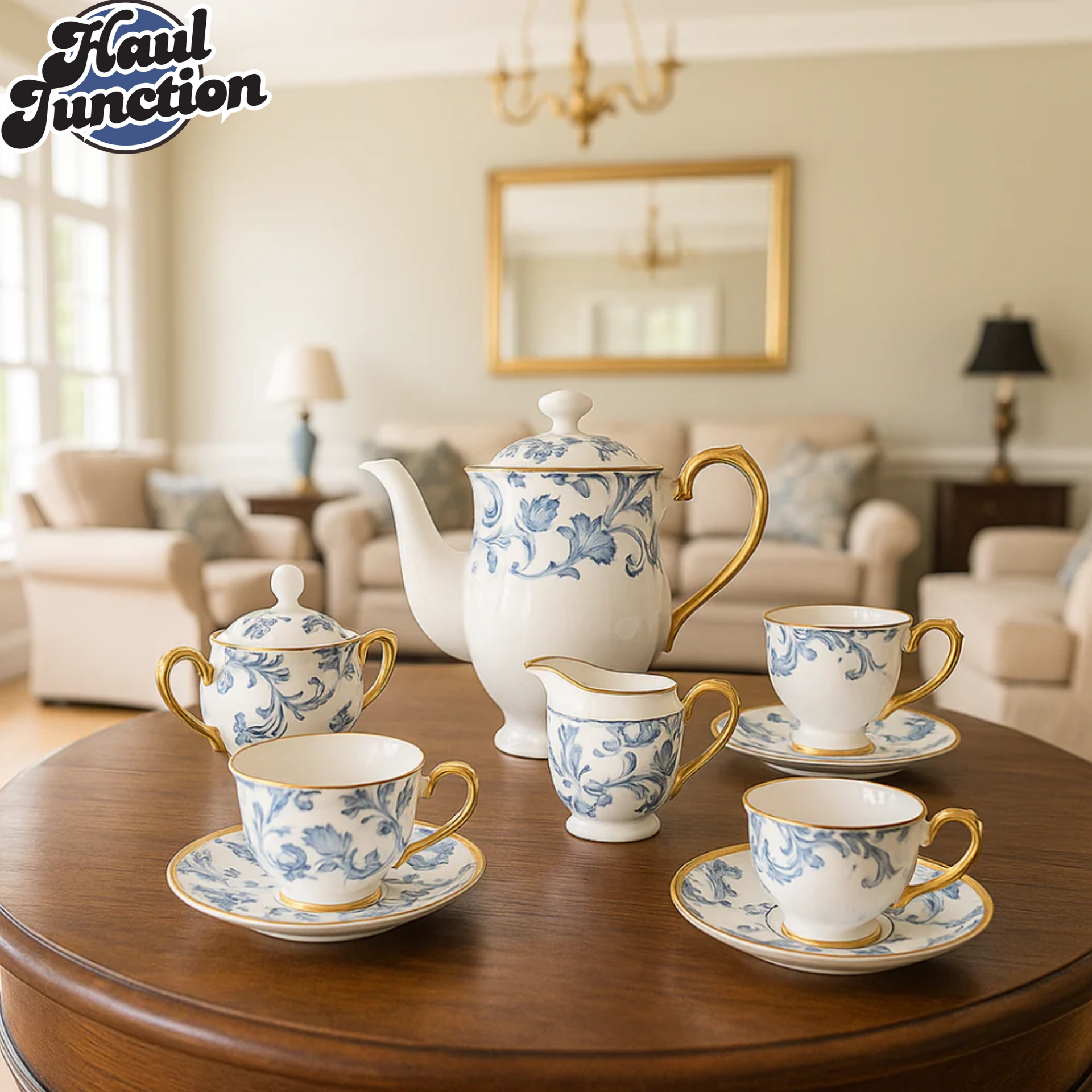 ANGELA 17-Piece Luxury Blue Floral Tea Set