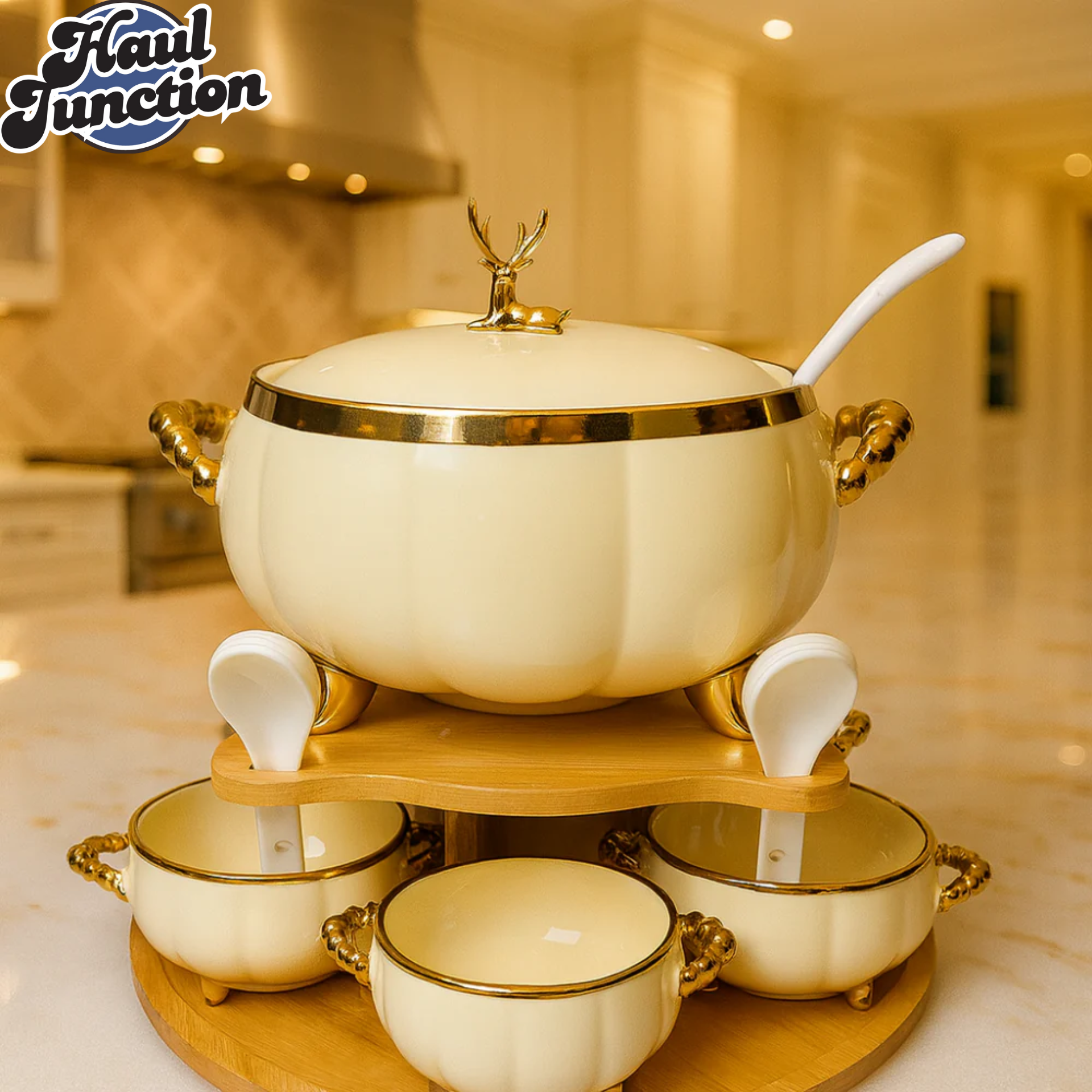 PREMIUM PORCELAIN SOUP SERVER 16PIECES – DEER KNOB LID, LADLE & MATCHING BOWLS - CREAM