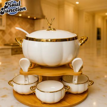 PREMIUM PORCELAIN SOUP SERVER 16PIECES – DEER KNOB LID, LADLE & MATCHING BOWLS - WHITE