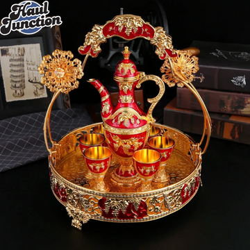 Luxury Metal Rose Embossed Drink Set – 1 Serving Pot, 6 Glasses & Decorative Basket