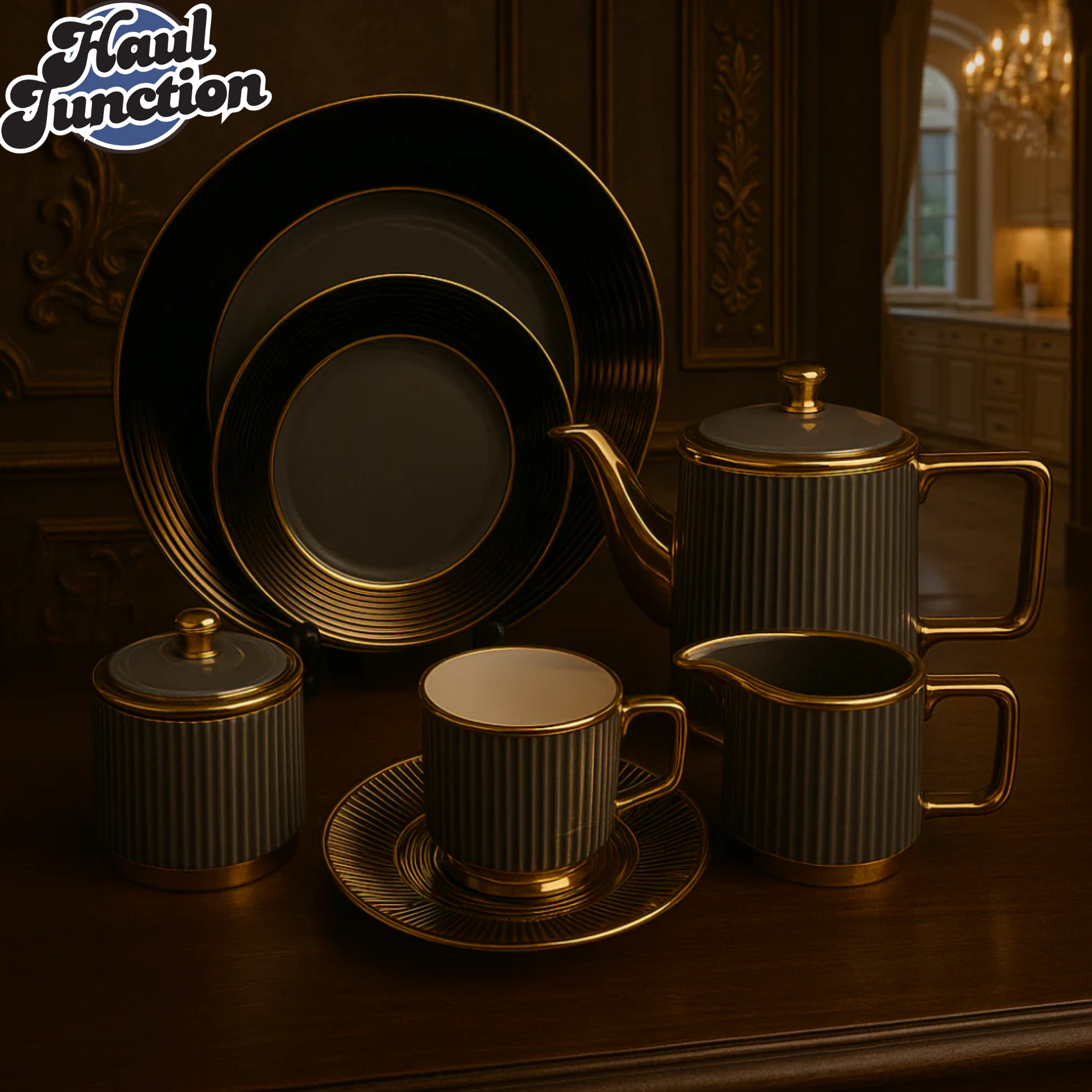 Luxury 24-Piece Porcelain Tea Set Gray Gold – HaulJunction