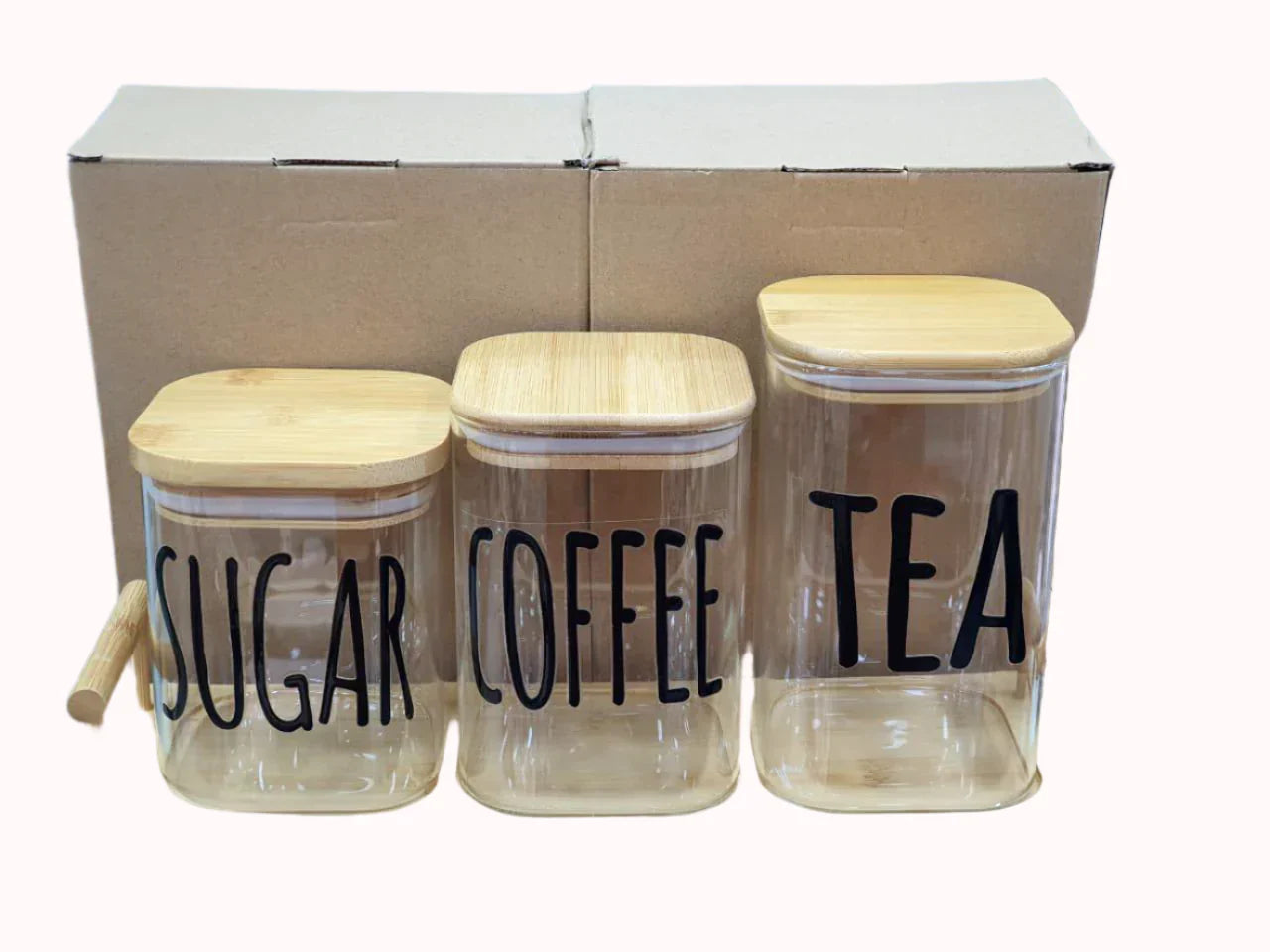3-Piece Glass Jar with Bamboo Lid Tea Coffee Sugar