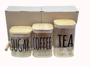 3-Piece Glass Jar with Bamboo Lid Tea Coffee Sugar