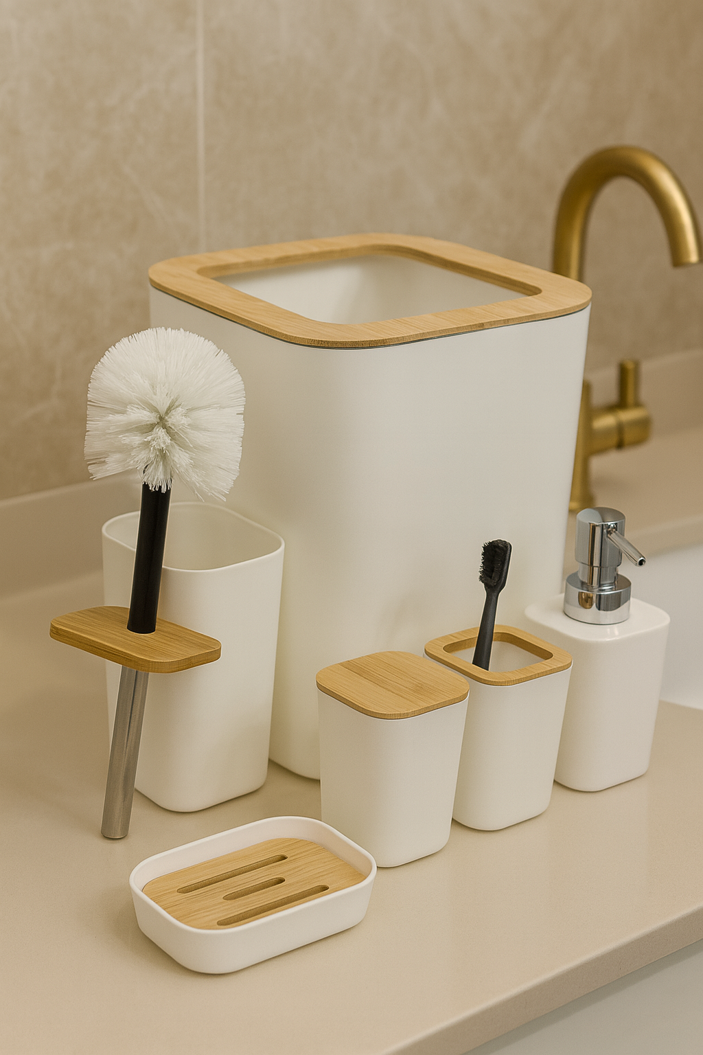 Bathroom accessories set with white and wooden elements on a marble surface.