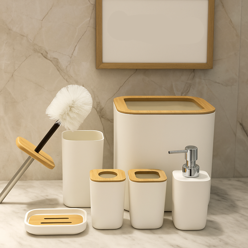 Bathroom accessories set with white and wooden elements on a marble surface.