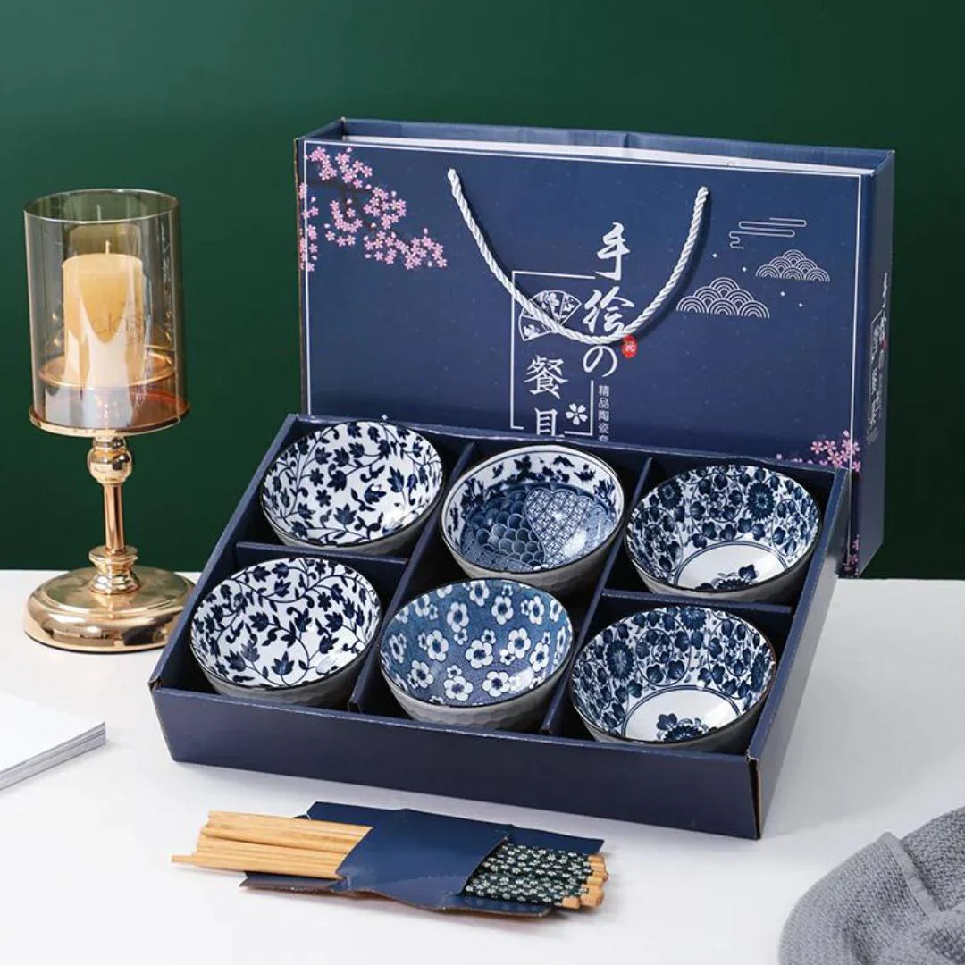 Japanese Style Korean 4.5 Inch Flower 6-Ceramic Bowl Set for Rice Soup