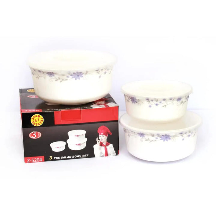 Showing the 3-piece ceramic air-tight bowls set outside its packaging, featuring the bowls with lids clearly visible.