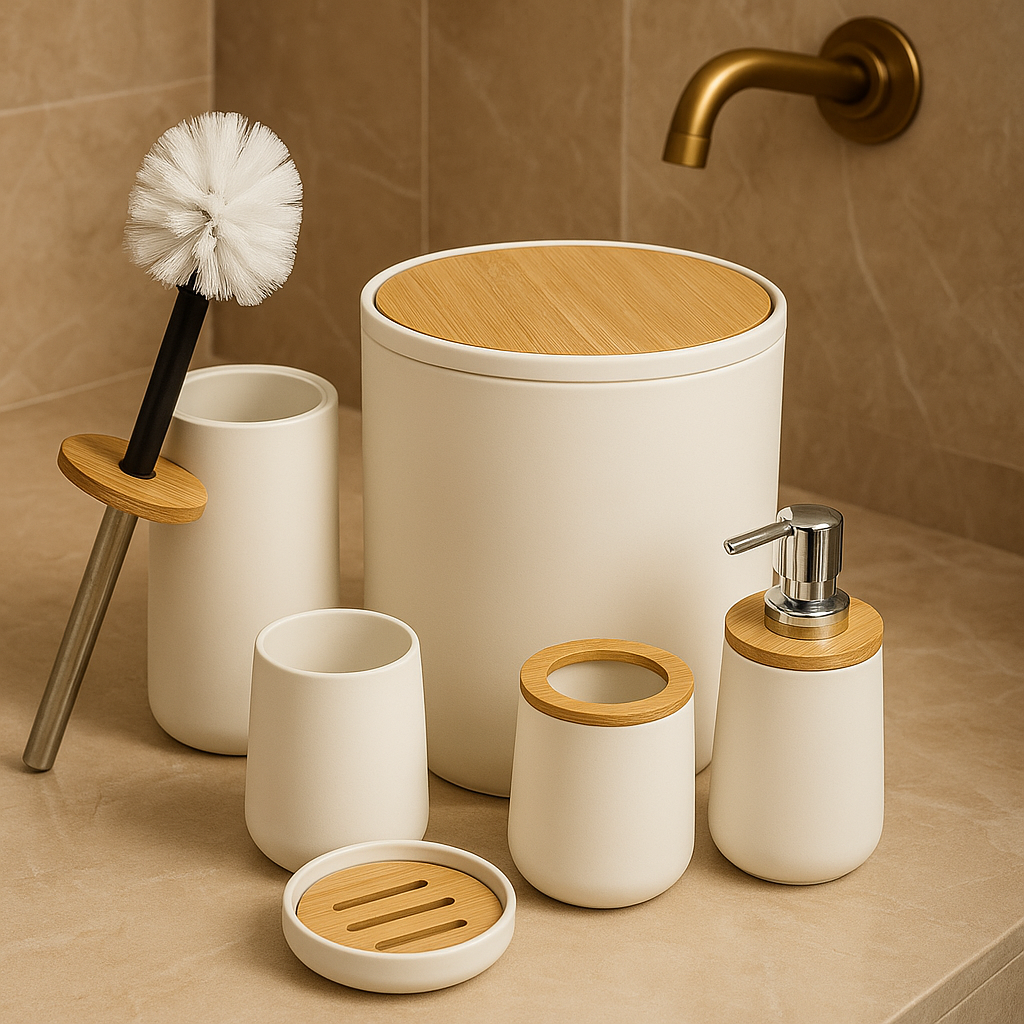Bathroom accessories set with white containers, wooden lids, and a soap dispenser on a beige tiled wall background.