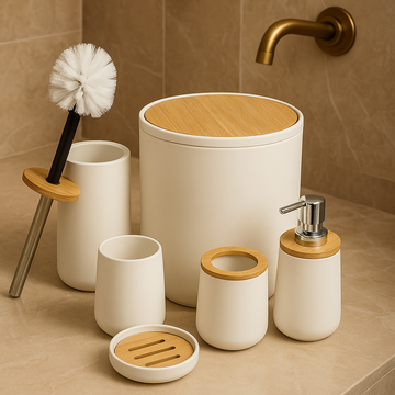 Bathroom accessories set with white containers, wooden lids, and a soap dispenser on a beige tiled wall background.