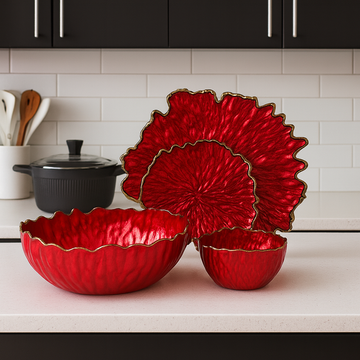 Regal Red and Gold Petal Serving Bowl and Plate Set (14 pieces)