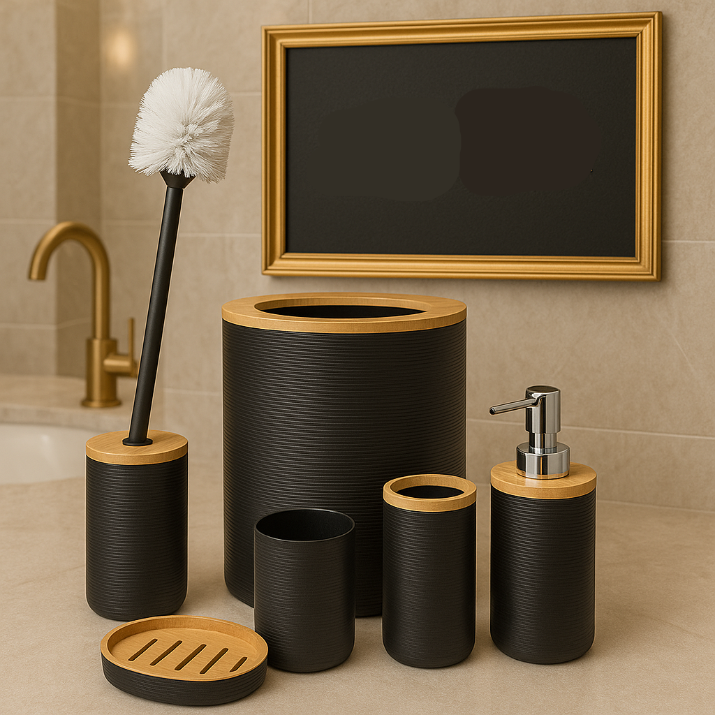 Bathroom accessories set with black and wooden elements on a beige tiled wall background.