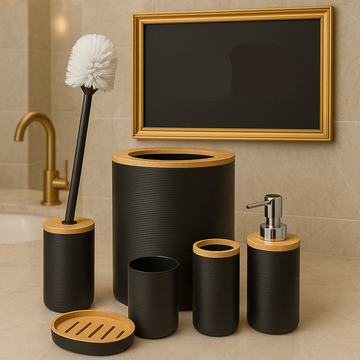 Bathroom accessories set with black and wooden elements on a beige tiled wall background.