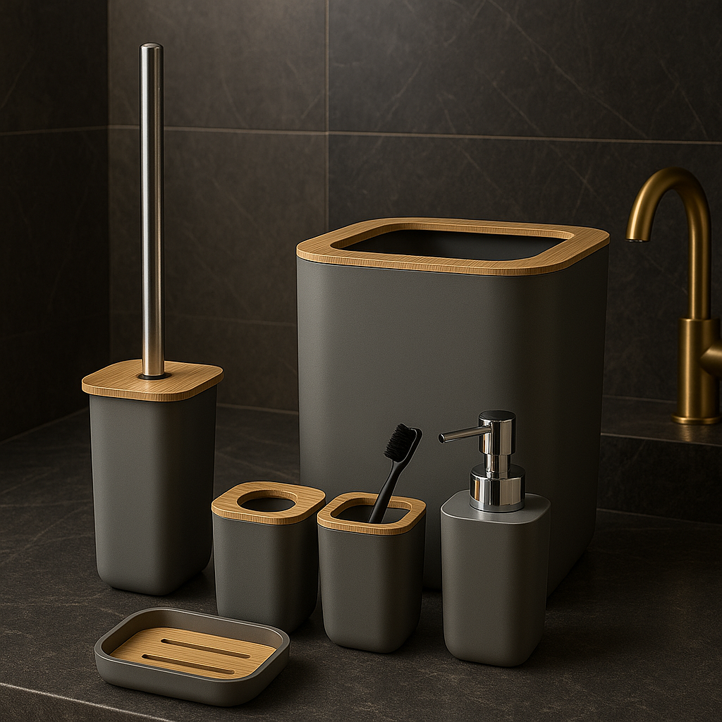Bathroom accessories set with gray containers and wooden accents on a dark tiled wall.