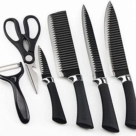 6 pcs black knife set displayed against a clean white background, showcasing the complete set.