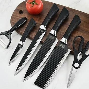 6 pcs knife set placed neatly on a wooden cutting board, ready for use.