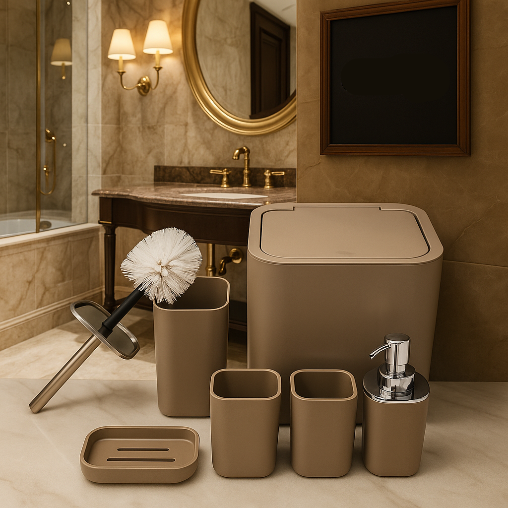 Bathroom set with beige trash bin, soap dispenser, and other accessories in a bathroom setting.