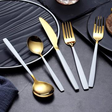 Flatware Cutlery Set, Stainless Steel Utensils Service Set for 6, Mirror Finish, Dishwasher Safe With Golden Spoon and White Handle