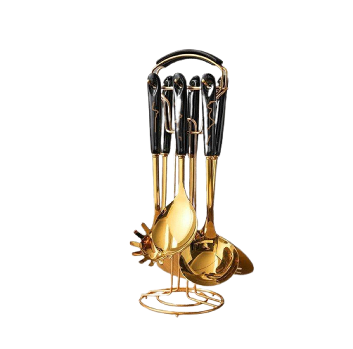 Complete 7-piece stainless steel utensil set with marble pattern black and gold handles, displayed with a golden stand.