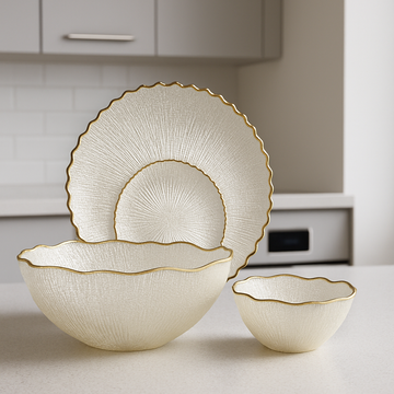 Ethereal White and Gold Textured Petal Serving Set (14 pieces)