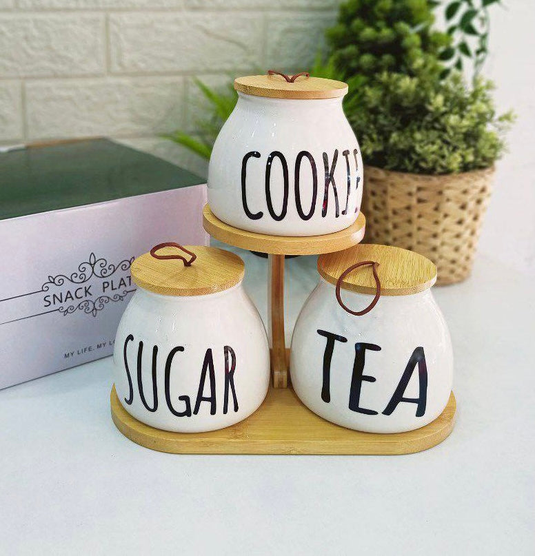 3  Pieces Tea coffee sugar on Stand Elegant Bamboo Wooden Set