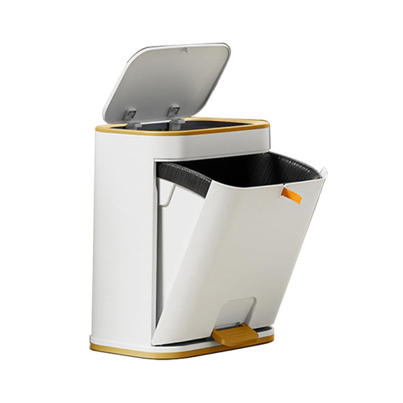 A white bathroom trash can with a gold accent, featuring a double-opening lid design, one of which is foot pedal operated. The trash can appears modern and is partially open.
