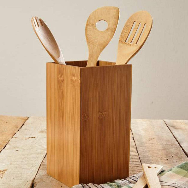 Bamboo Wooden Spoon Holder showcasing various utensils like bamboo spoons, forks, and knives, adding a natural touch to your kitchen storage.