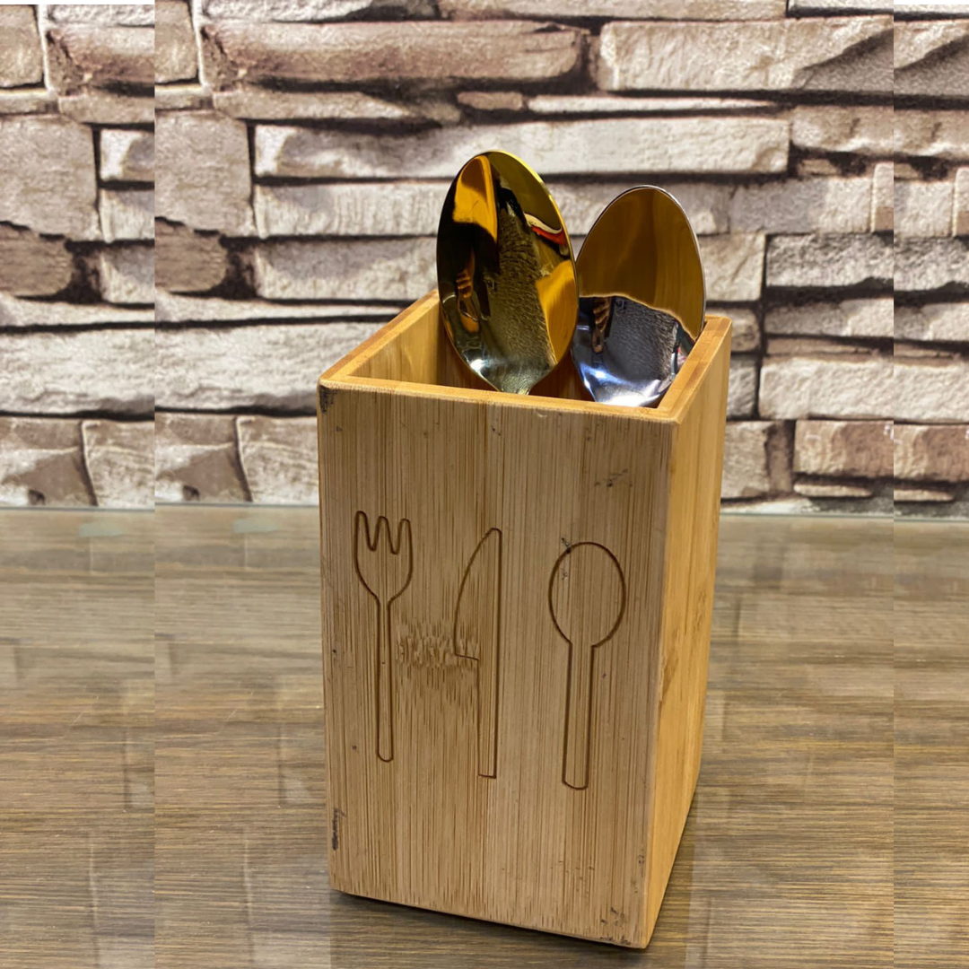 Bamboo Wooden Spoon Holder from a different angle with stainless steel cutlery, a live image displaying its versatility and elegance.
