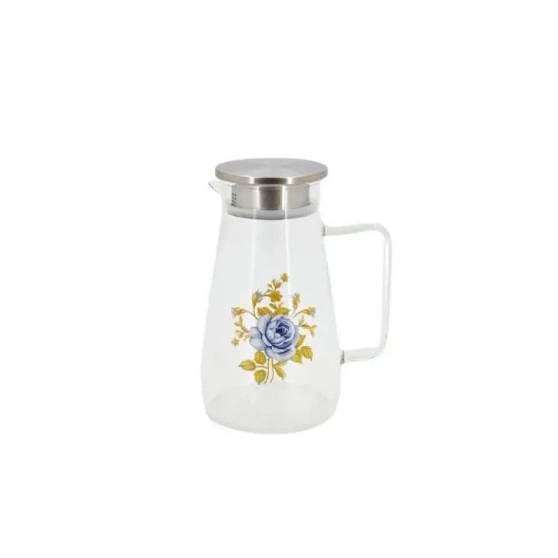 Blue Rose Glass Water Jug with a vibrant floral design, placed on a clean white background, showcasing its elegant shape and durable glass material.
