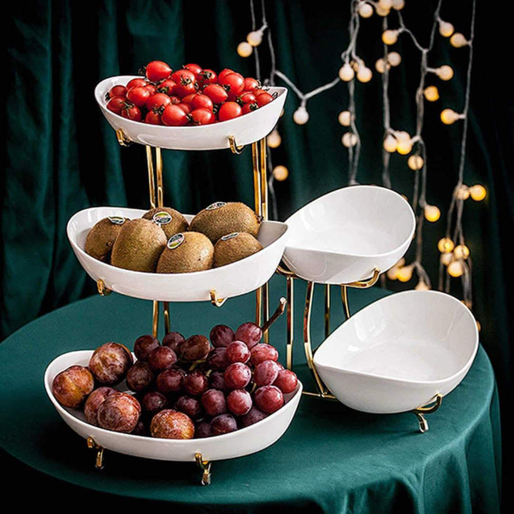 Both the 3-tier and 2-tier Nordic white serving platters displayed side by side to showcase the different sizes and design.