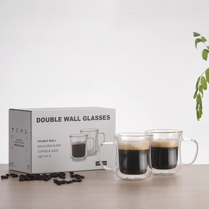 Box packaging of 350ml Double Wall Borosilicate Glass Espresso Mug with two mugs displayed outside the box, perfect for gifting.