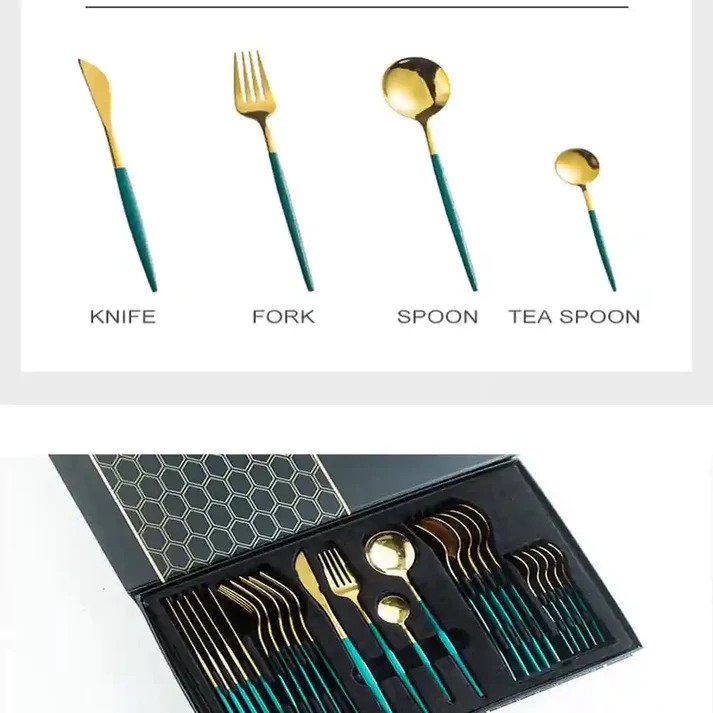 Chart illustrating the 24-piece flatware set, including large spoons, small spoons, knives, and forks.