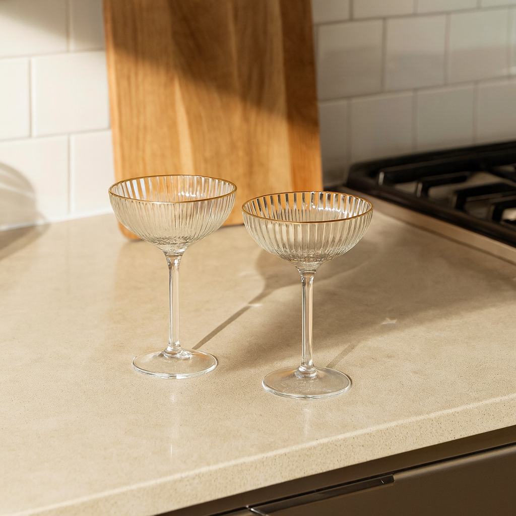Gold-Rim Coupe Glass Set – 2 Pcs (Vintage Style)