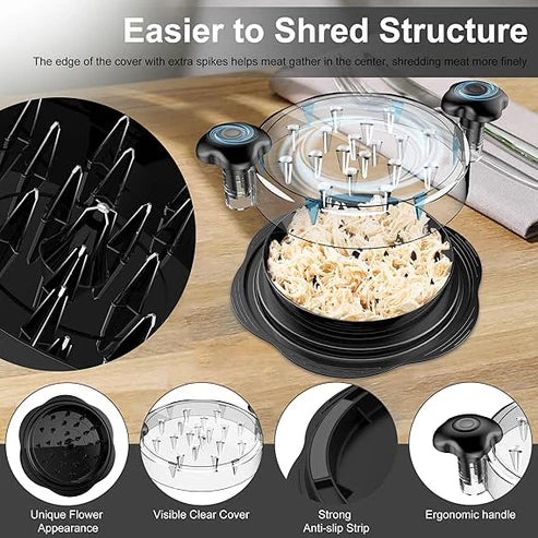 Chicken shredder in use with shredded chicken inside, featuring clear lid, ergonomic handle, and easy rotation for smooth shredding.