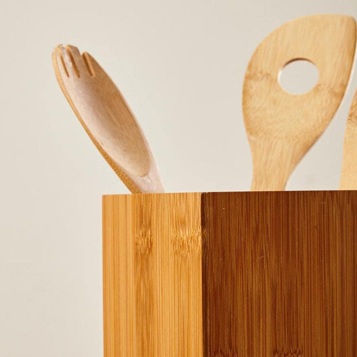  Close-up view of the Wooden Spoon Holder, emphasizing its fine craftsmanship and natural bamboo finish.