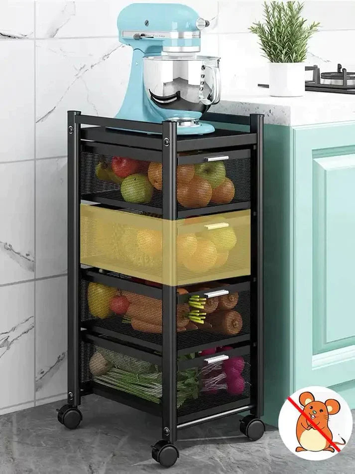 Closed drawers of the metal kitchen trolley with an animated mouse cursor indicating user-friendly navigation and ease of use in kitchen storage.